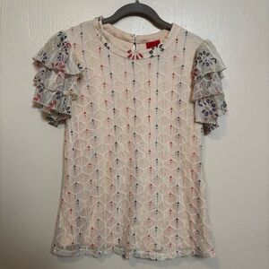 V Christina Women’s Shirt Blouse‎ Lace Lined Ruffle Shirt Sleeve Red Blue Medium